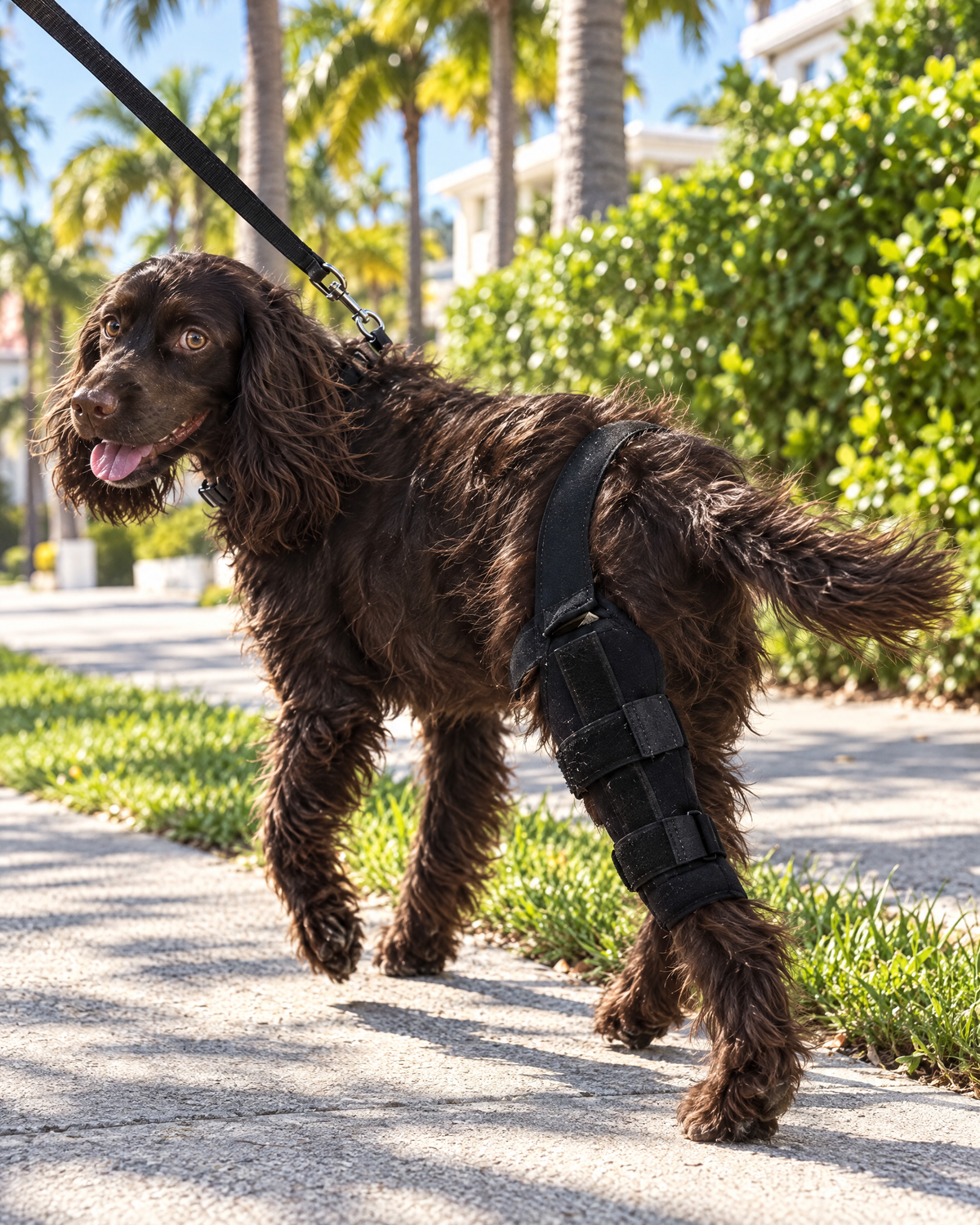 Spaniel on a leashed walk wearing the Wagra knee brace on its hind leg