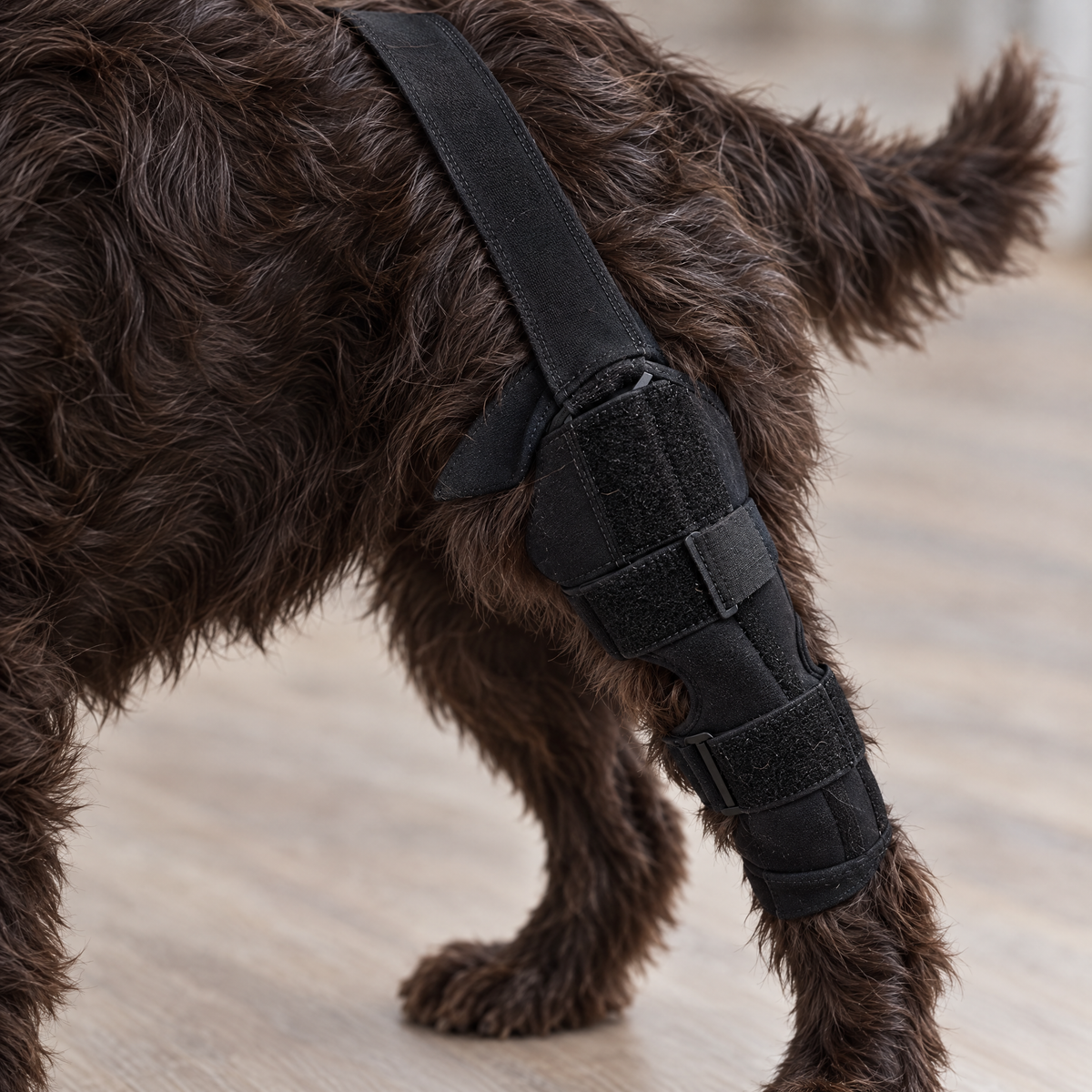 Close-up of the Wagra knee brace straps and padded sleeve on a dog's rear knee