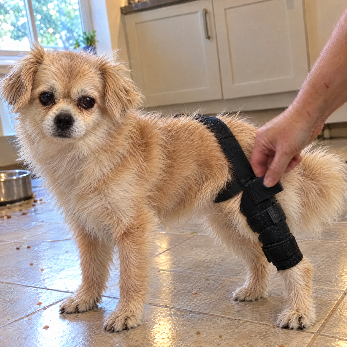 Hand fastening the hook-and-loop strap of the Wagra knee brace on a small dog