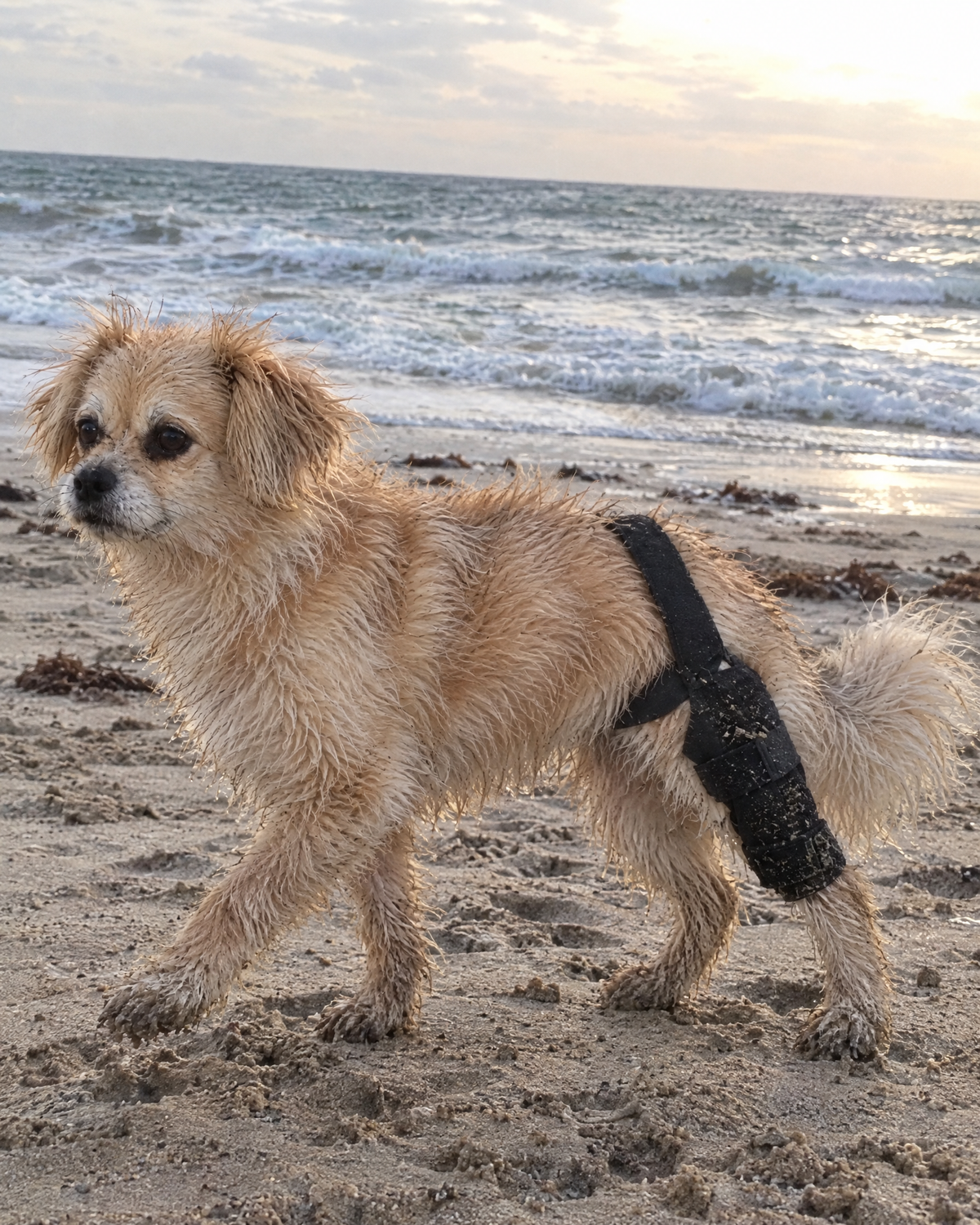 Small fluffy dog walking on the beach wearing the Wagra knee brace