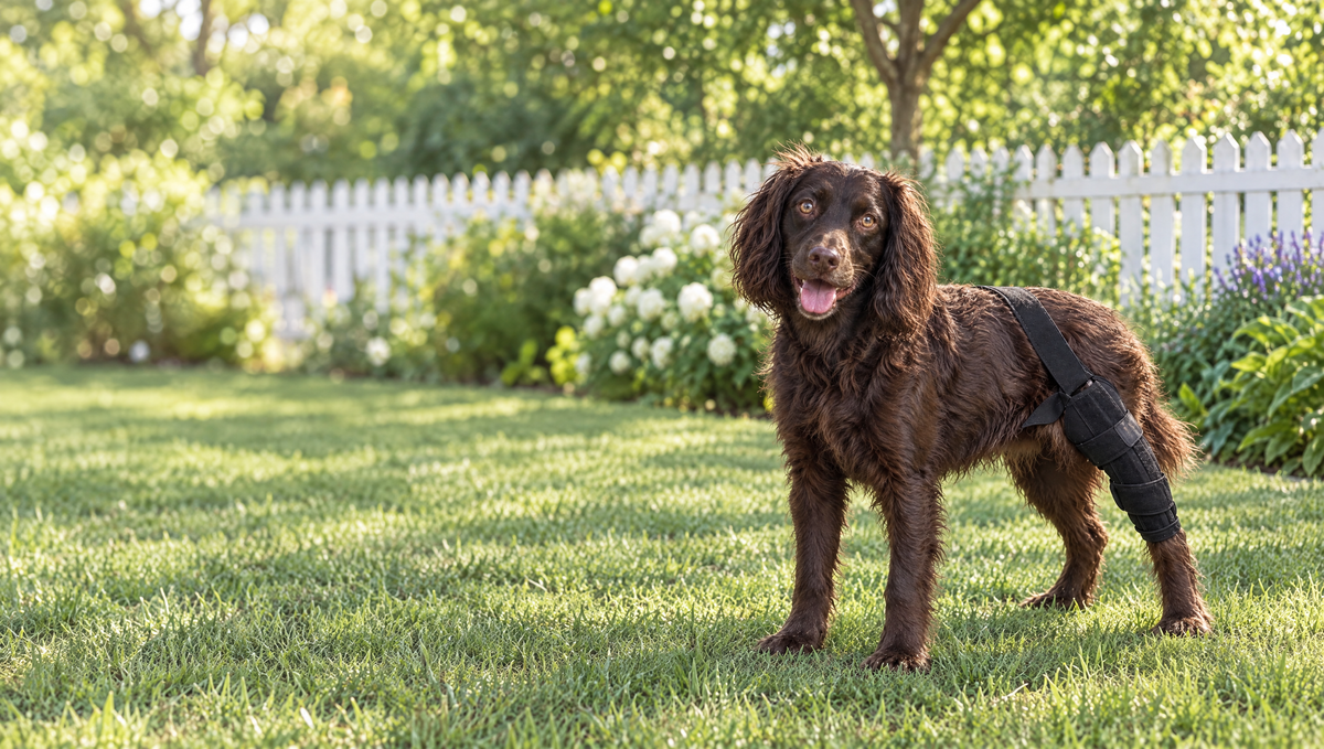 Brown spaniel wearing the Wagra knee brace in the backyard