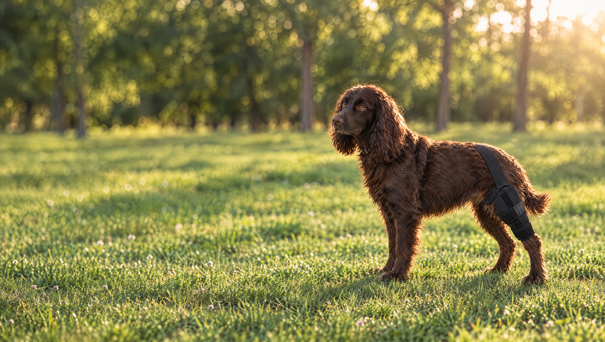 Brown spaniel wearing the Wagra knee brace in the park