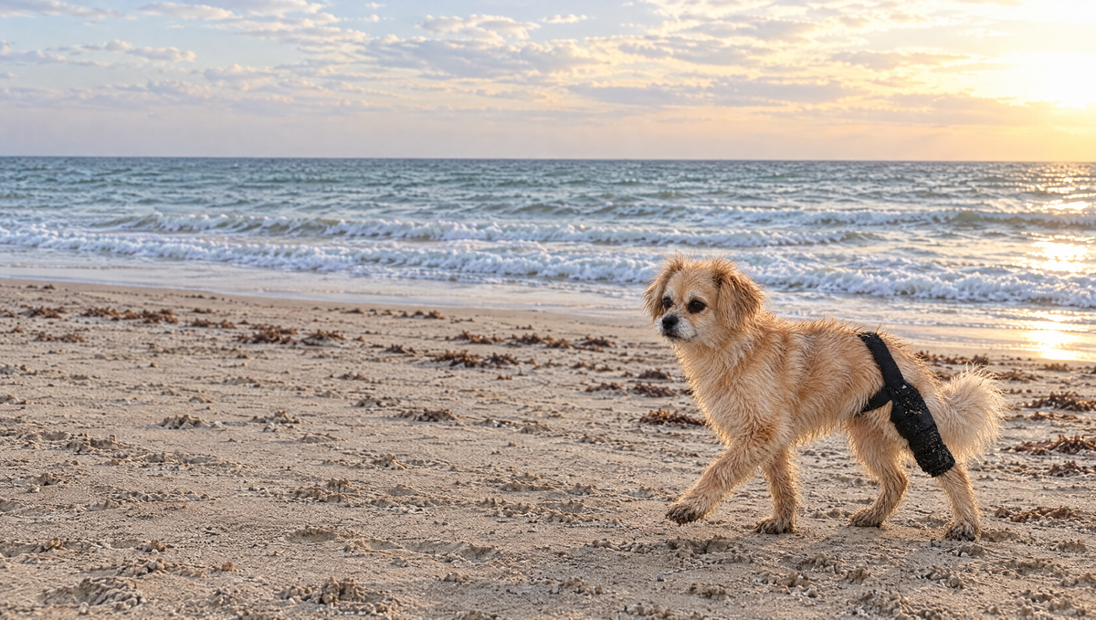 Small dog wearing the Wagra knee brace on the beach