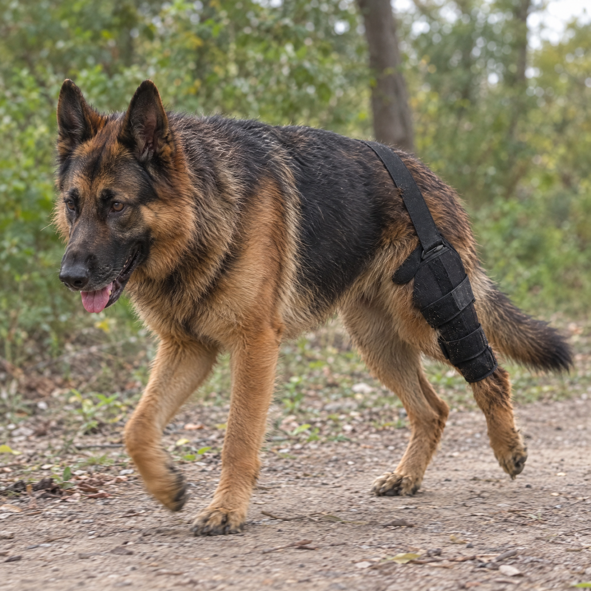 German Shepherd on a trail walk wearing the Wagra knee brace in size Large