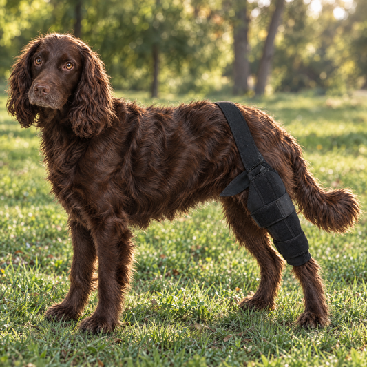 Brown spaniel on a park lawn wearing the Wagra knee brace in size Medium