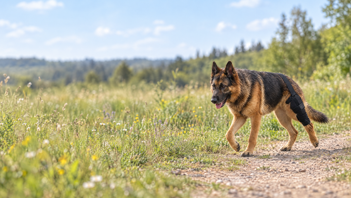 German Shepherd trotting through a meadow wearing the Wagra knee brace