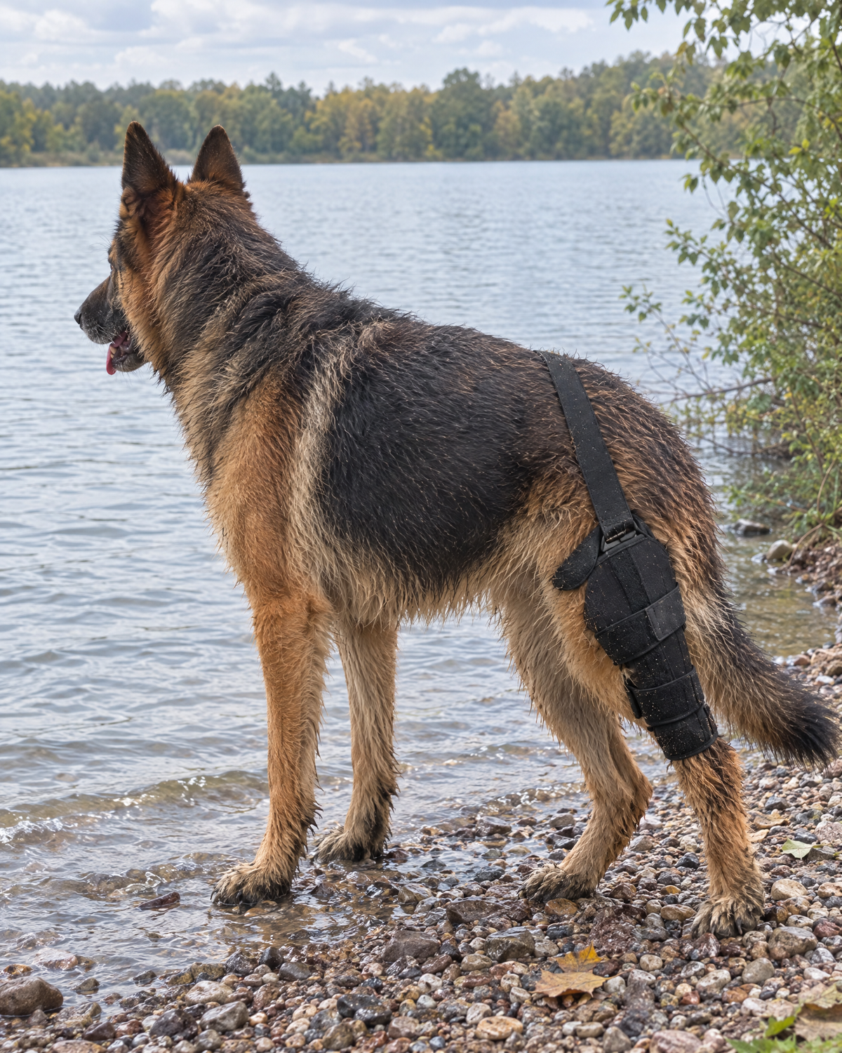 German Shepherd by a lake wearing the Wagra knee brace