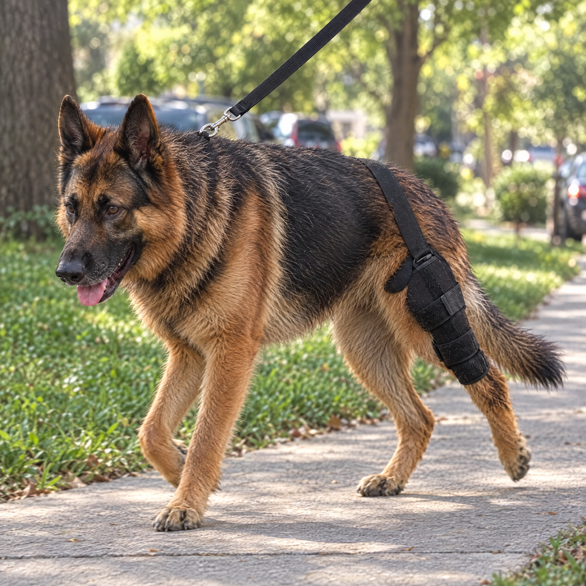 German Shepherd walking on a leash down a neighborhood sidewalk wearing the Wagra knee brace